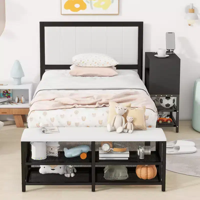 Metal Platform Bed with Two-Tier Storage Shelves and Wooden Storage Cabinet