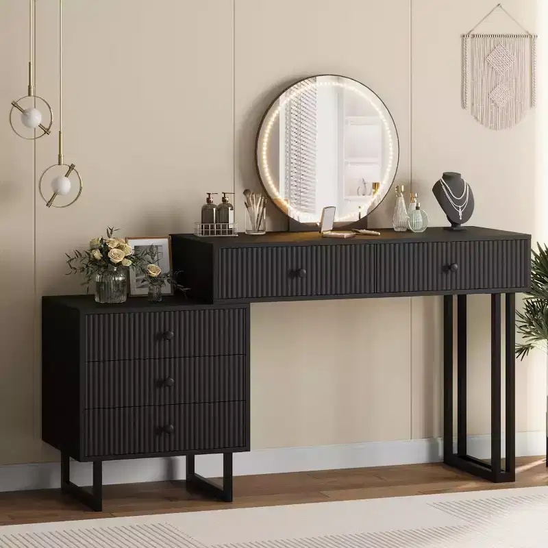 Vanity Desk with Mirror and Lights, Makeup Vanity with 5 Drawers, Modern Vanity Organizer with 3 Color Lights