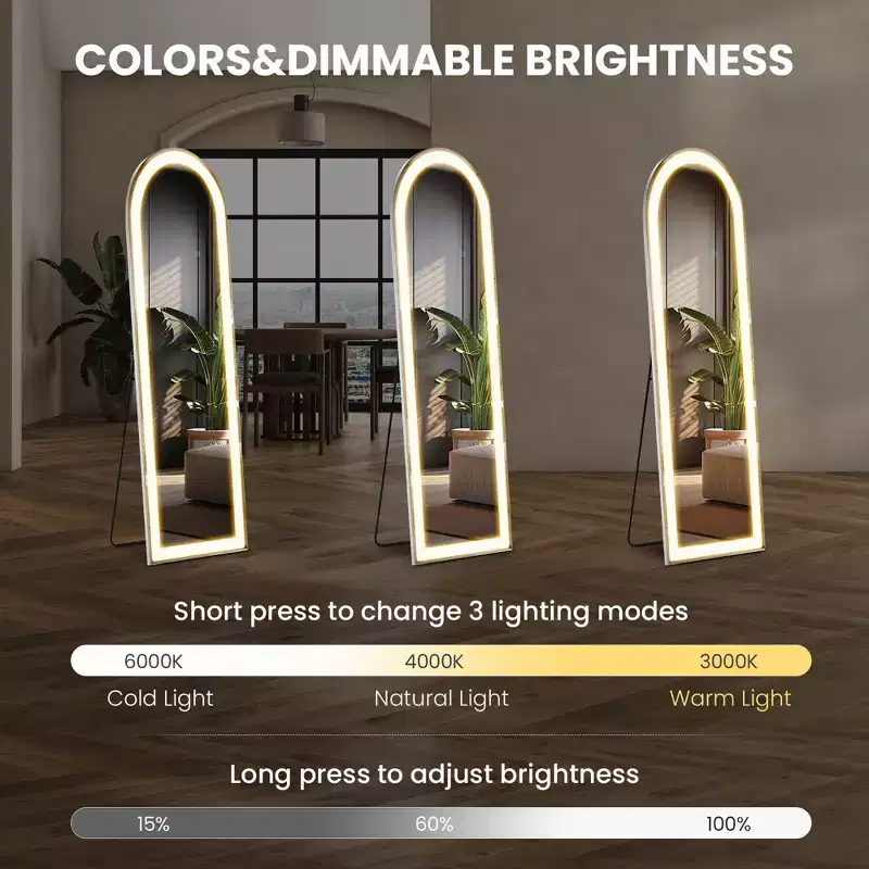 Full Length Mirror with LED Lights, 60-Inch Floor Mirror with Aluminum Alloy Frame, Standing or Wall-Mounted Full Body Mirror