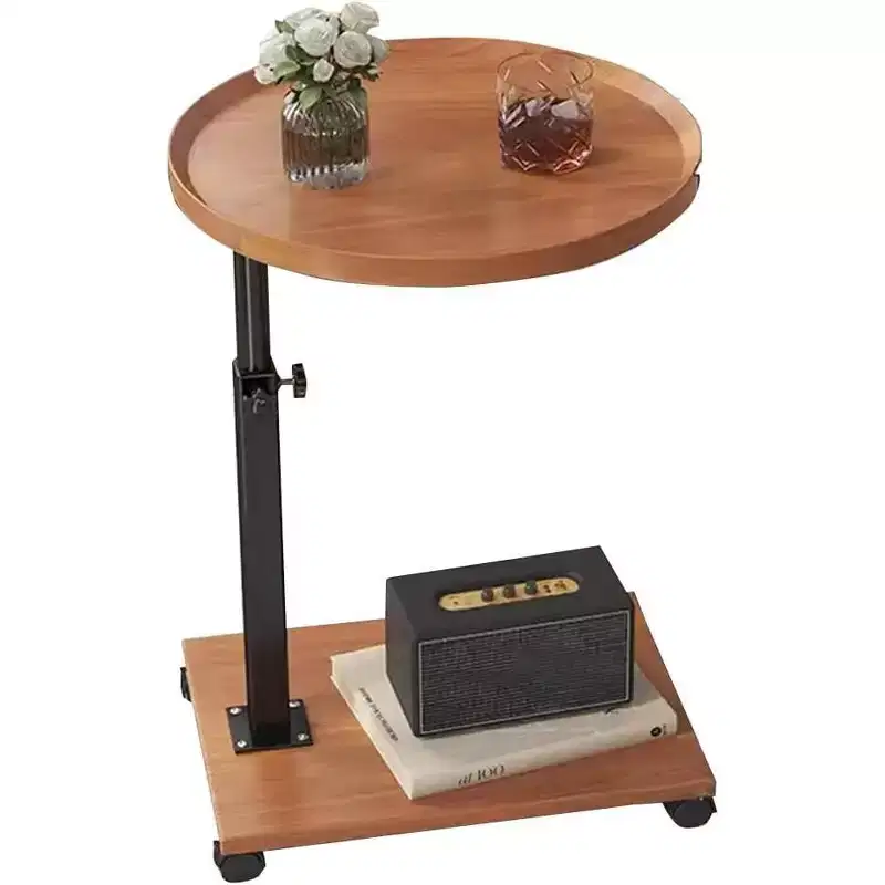 2 Tier Round Side Table, 360 Rotating Height-Adjustable Side Table with Storage & Wheels, Mobile Tray Tables for Living Room, Bathroom, Bedroom