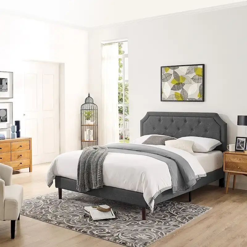 Tufted Upholstered Platform Bed Frame, Adjustable Height Headboard, Wood Slat Support, No Box Spring Needed, Queen or King