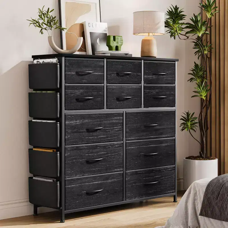 12-Drawer Dresser, Fabric Dresser with Side Pockets and Hooks, Storage Tower with Adjustable Feet