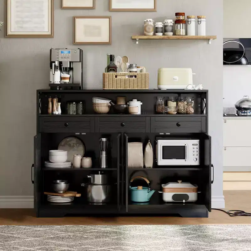 TROPOW Farmhouse Buffet Sideboard Cabinet with Charging Station, 3 Drawers & 4 Barn Doors, 51 Wood Coffee Bar Cupboard Kitchen Storage Pantry Cabinet
