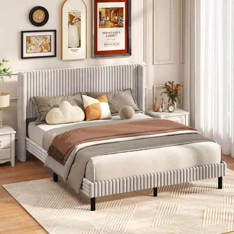 Velvet Bed Frame Upholstered Platform Bed with Wingback Headboard