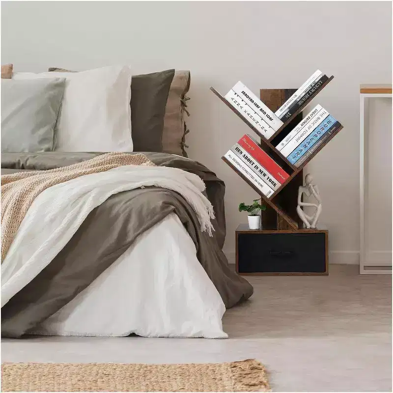 Acekool 4-Tier Tree Bookshelf, Narrow Bookcase with Drawer, Retro Shelf Organizer for Home Office, Living Room, Brown