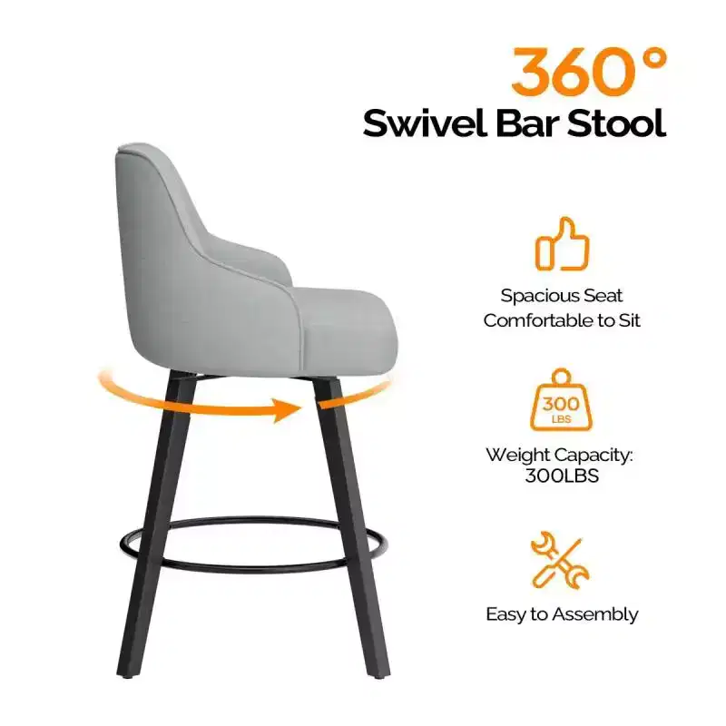 Thick Padded Cushion Wood Legs Modern Bar Stool With 360 Rotation