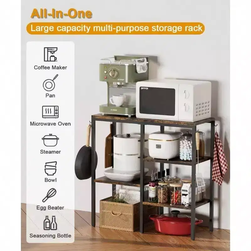 4 - Tier Kitchen Microwave Oven Stand Adjustable Coffee Bar Station Small Appliance Baker's Rack with 4 Hooks 5 Storage