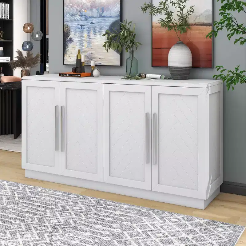 Sideboard Buffet Cabinet with Storage, Adjustable Shelves and Silver Handles for Kitchen