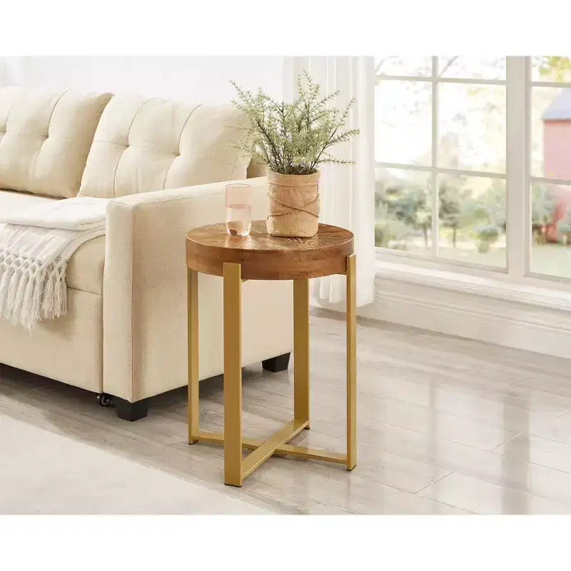 16 Rustic Farmhouse Round Wood End Table with Metal Leg