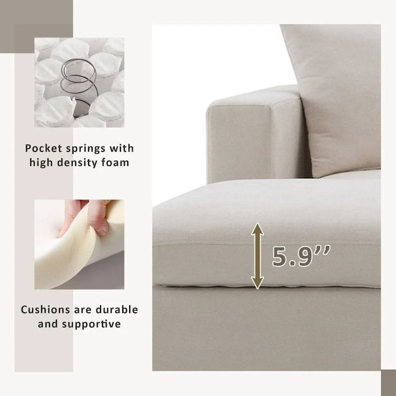 L-shaped Polyester Fabric Couch Set with 2 Free Pillows and Convertible Ottoman
