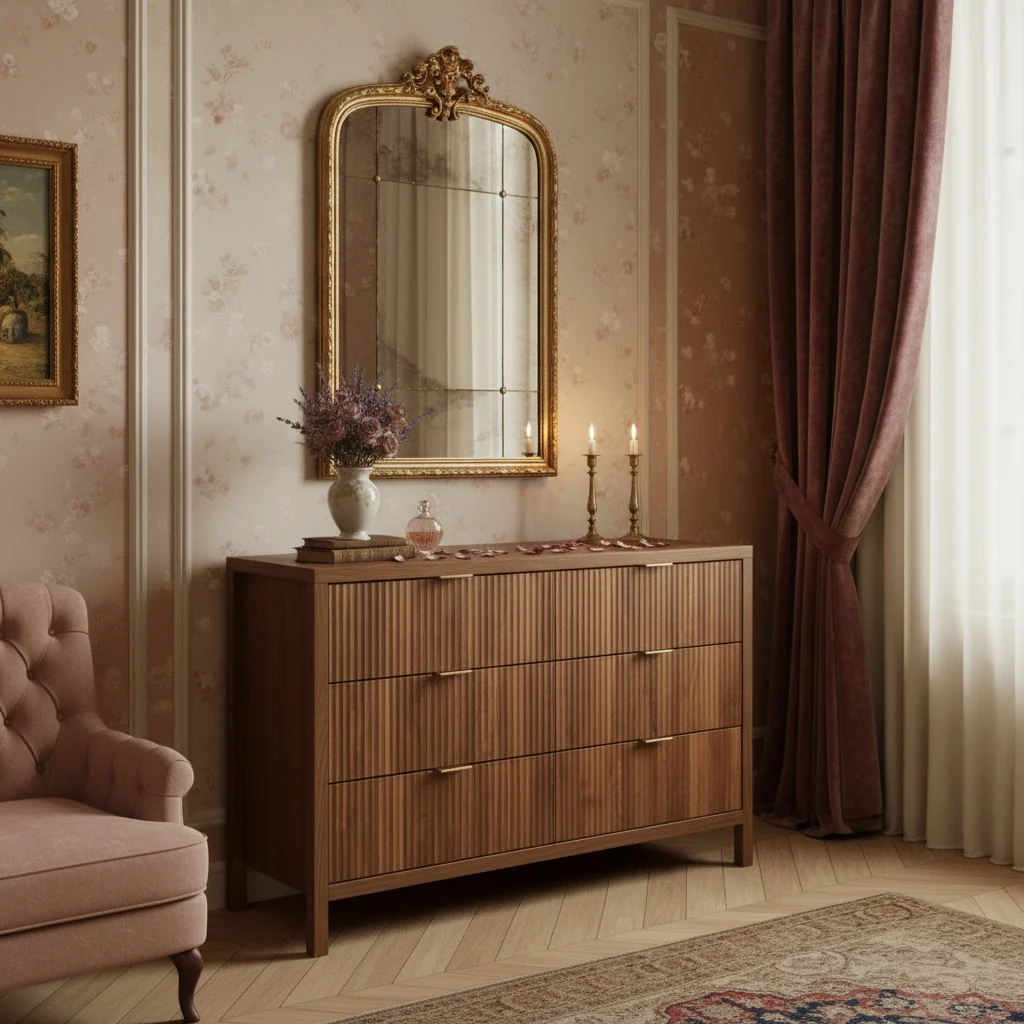 Fluted 6 Drawer Double Dresser ,Wide Closet Dressers Chest of Drawers, Wood Storage Dresser Organizer Oak color