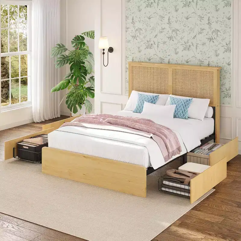 Boho Rattan Platform Bed Frame with LED Lights & Natural Headboard, Wood Slats Foundation, Noise-Free, No Box Spring Needed