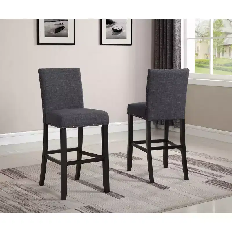 Roundhill Furniture Biony Fabric Bar Stools with Nailhead Trim, Gray, Set of 2