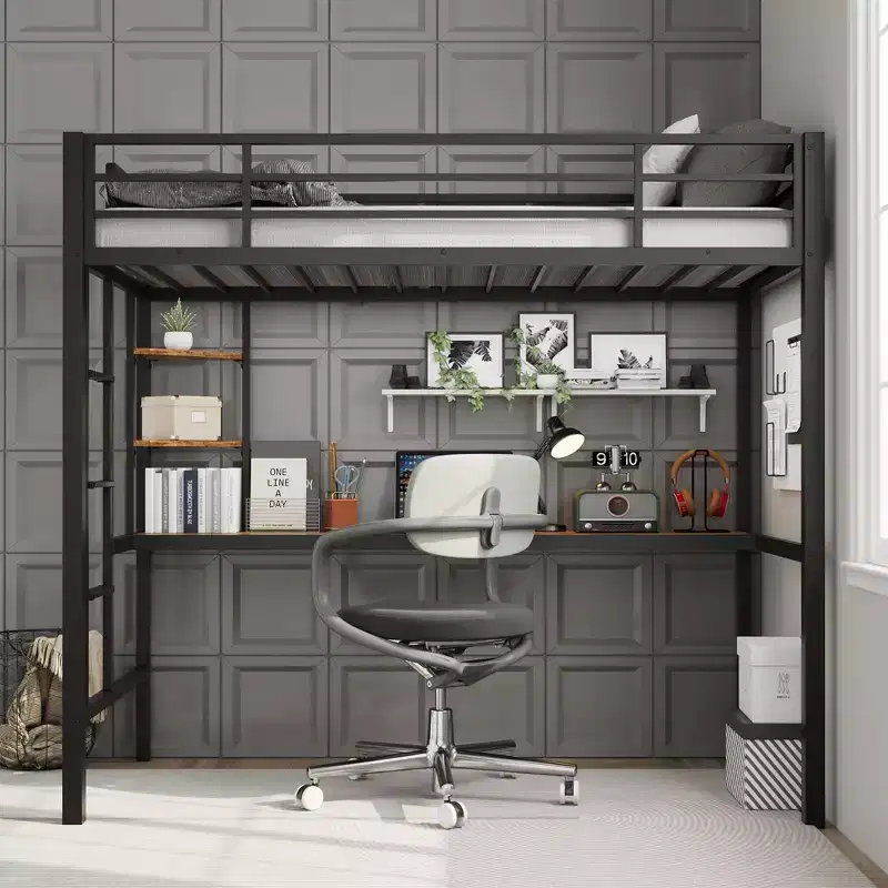 Twin Size Loft Bed with Large Desk and Storage Shelves, Metal Loft Bed with Safety Guardrail and Ladder for Kids and Adults, Space Saving