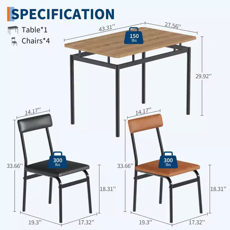 5 Piece Dining Table Set, with 4 PU Upholstered Chair