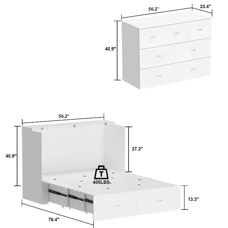 White Pull-Out Murphy Bed with Drawer & Charging Station – Full/Queen, 1–2 Person