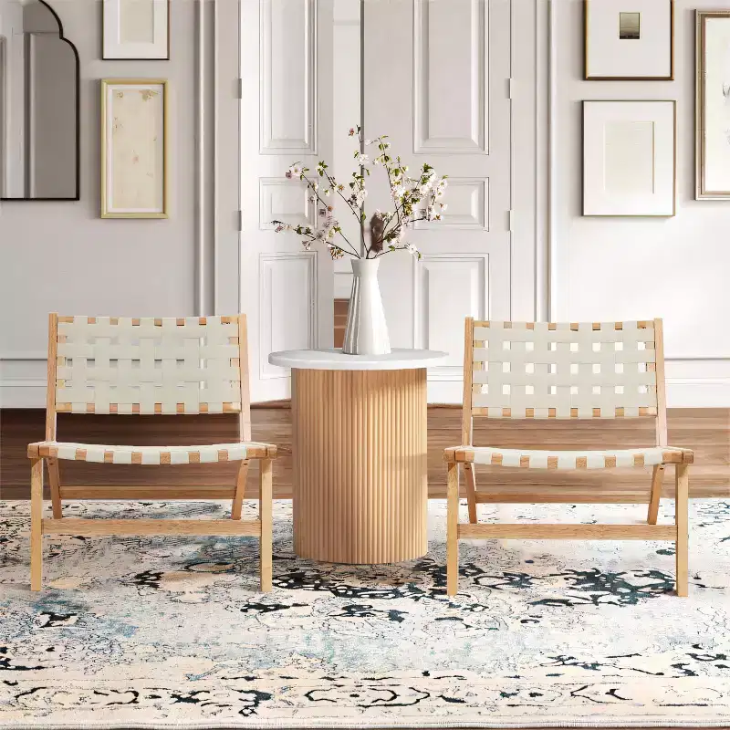 LuxenHome Natural Rubberwood with White PU Leather Low Profile Armless Accent Chair, Set of 2