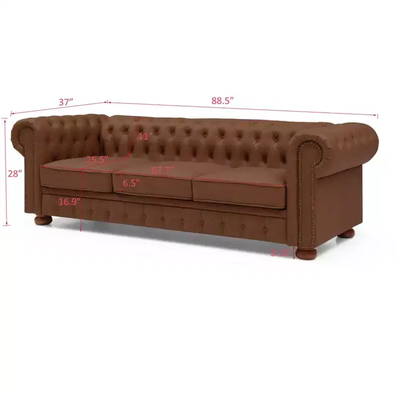 Elegant Chesterfield Technical Leather Sofa, Tufted 3-Seater/2-Seater/1-Seater Couch with Nailhead Trim and Rolled Arms  ModernLuxe