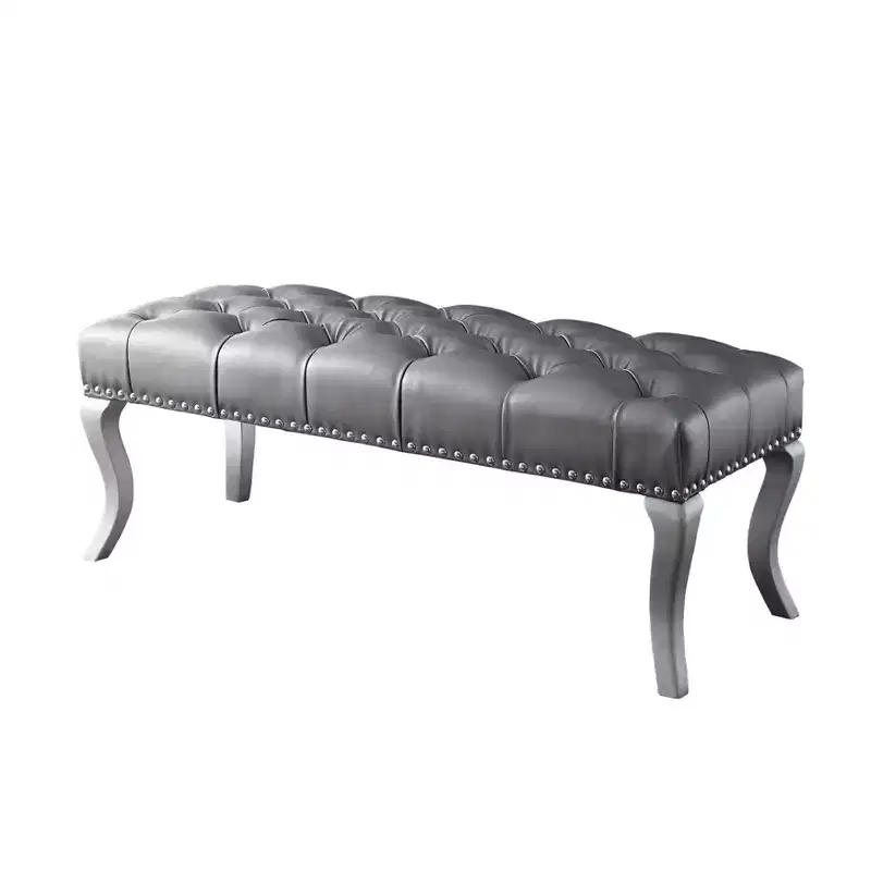 Tufted Faux Leather Ottoman Bench – Champagne, Nailhead Trim, Hardwood Frame, 48 in
