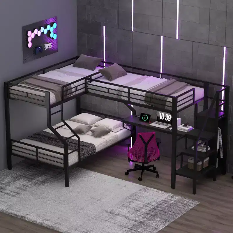 Metal L-Shaped Bunk Bed Twin over Full with USB, Twin Size Loft Bed with Desk and Built-in Wardrobe, Black