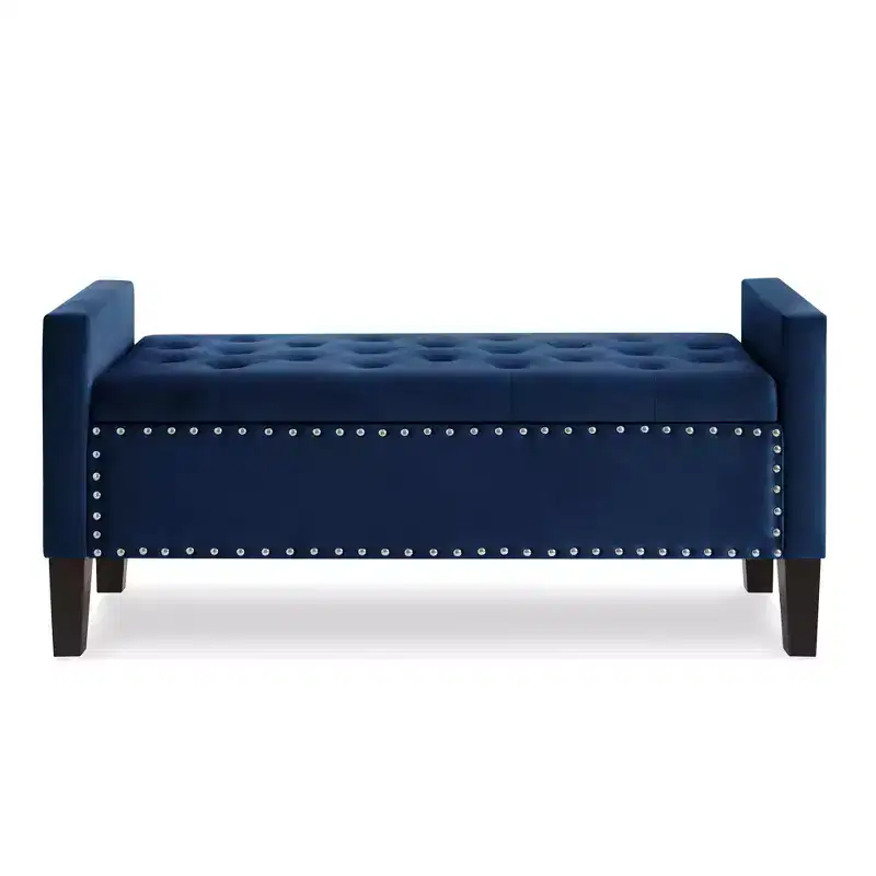 Upholstered Tufted Button Storage Bench with Nails Trim,Entryway Living Room Soft Padded Seat with Armrest, Navy