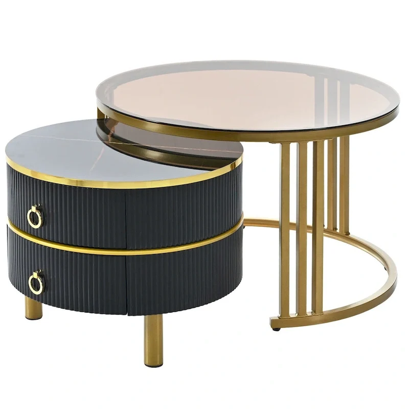Mieres Modern Stackable Coffee Table, Nesting Coffee Table Set of 2, Side Tables with Brown Tempered Glass Tabletop