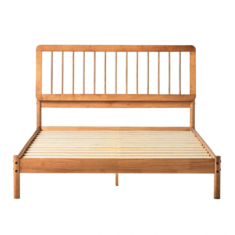 Solid Wood Queen Spindle Bed, Caramel / Natural Pine / Black, Fits 2