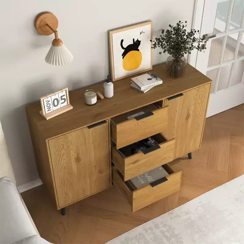 Sideboard Buffet Cabinet With Storage, Wood Coffee Bar Cabinet, Console Cabinet With 3 Drawers & 1 Door, Kitchen Buffet Cabinet Cupboard Natural