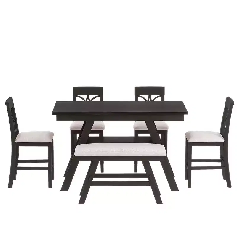 Whisen Rustic 6-Piece Counter Height Dining Table Set with Bench and 4 Upholstered Chairs
