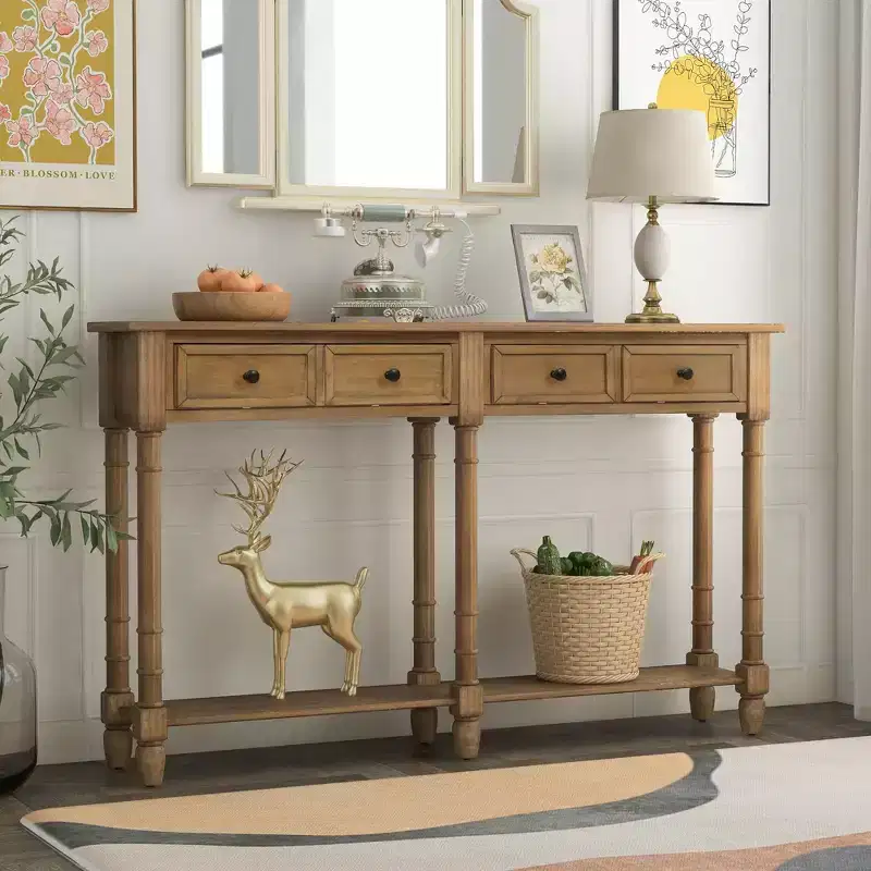 TUYOHW 58IN Vintage Console Table, Narrow Sofa Table with 2 Storage Drawers and Bottom Shelf, Entryway Table for Living Room, Hallway