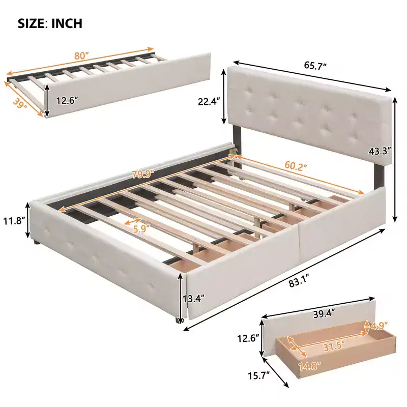 Upholstered Platform Bed with 2 Drawers and 1 Twin XL Trundle Linen Fabric Queen Size - Dark Beige