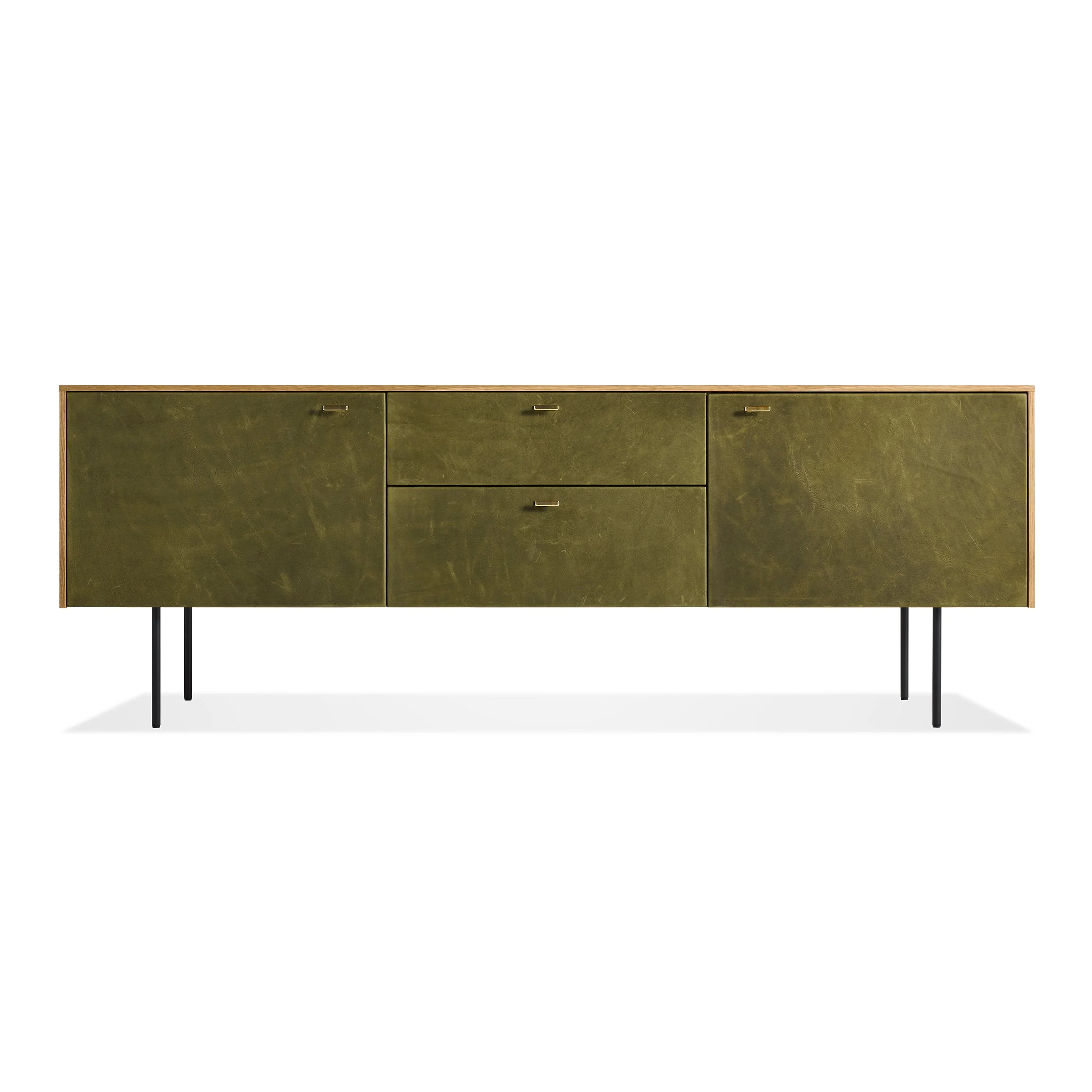 Modern White Oak Wood Cabinet with Leather-Wrapped Fronts & Brass Pulls for Living Room