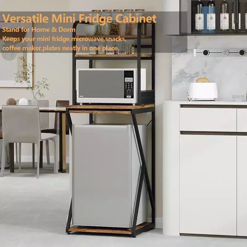 Mini Fridge Stand with Storage Shelf, Free-Standing Wooden Coffee Bar Cabinet with Power Outlet, Utility Microwave Stand, Coffee Bar Organizer