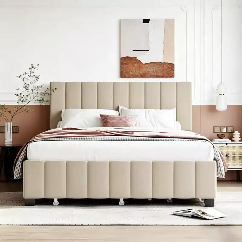 Luxystar Modern Queen Velvet Upholstered Platform Bed with 2 Drawers and Trundle,