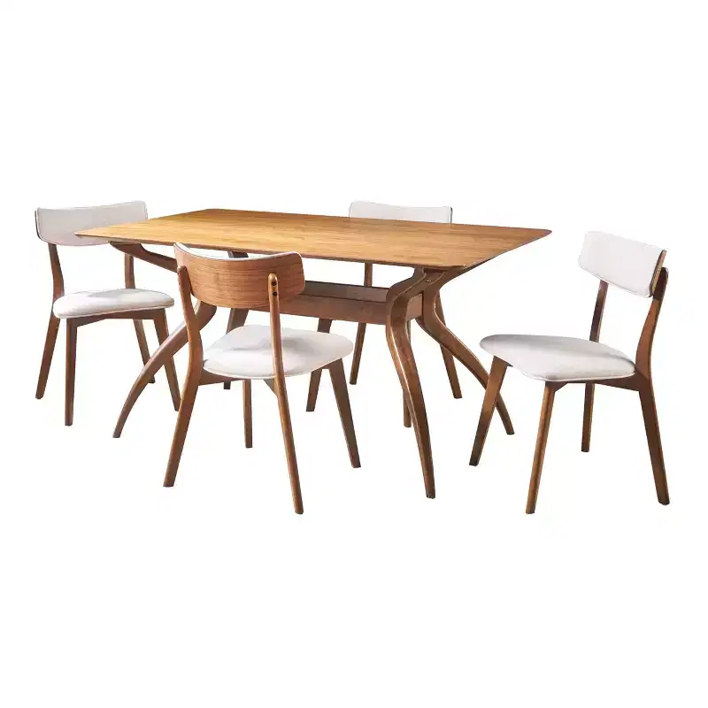 Mid-Century Modern Wood Fabric Upholstered 5 Piece Dining Set
