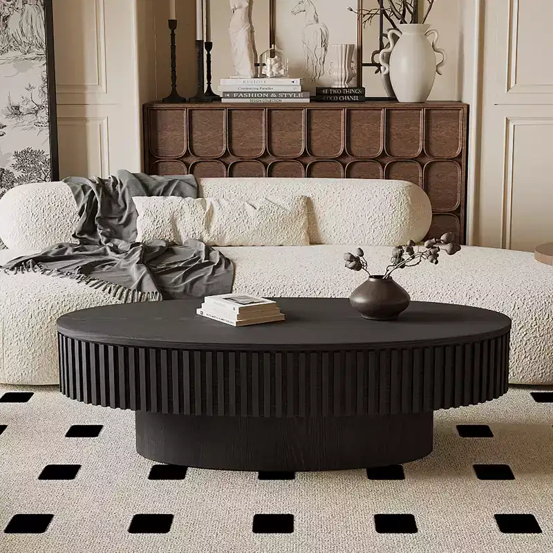 Oval Coffee Table with Storage, Modern Wood Center Table for Living Room, Black