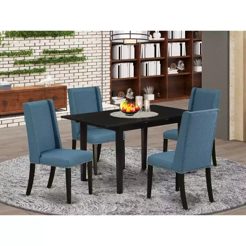 HomeStock 5-Pc Black Finish Solid Wood Top - Rectangular Upholstered Dining Room Set with Butterfly Leaf - Seats 4