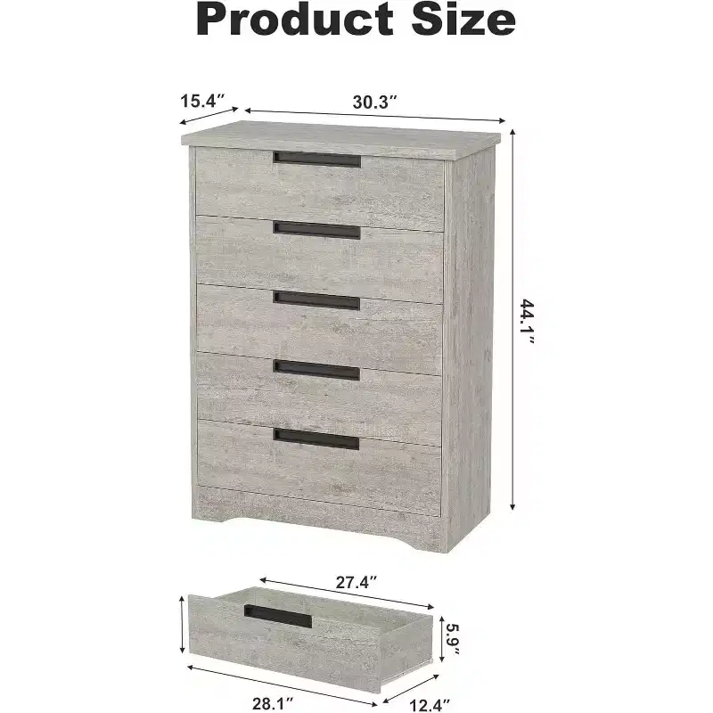 CuisinSmart 5 Drawer Dresser, Chest of Drawers with Embedded Handles, Dresser Organizer for Living Room, Nursery, Hallway and Entryway
