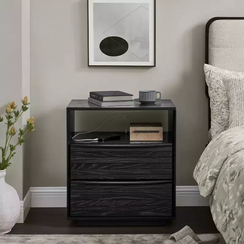 Mid-Century Modern Nightstand with Charging Station, Outlet Hole, 2 Solid Wood Drawers, Open Shelf, End Table for Living Room or Dorm
