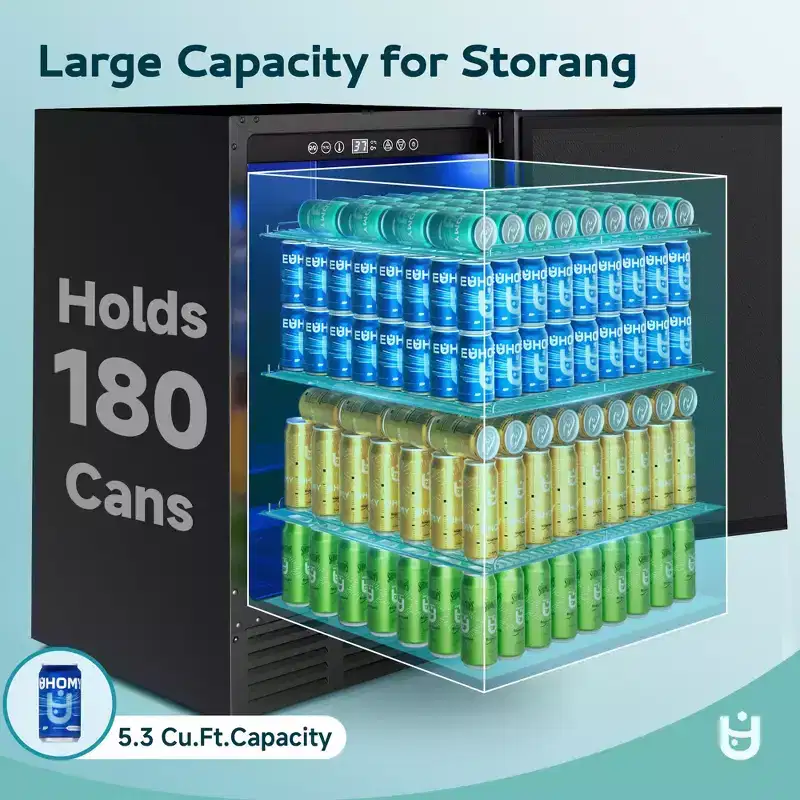 EUHOMY 5 cu. ft./180 Cans Beverage Refrigerator, Undercounter Portable Fridge with Removable Shelves & LED Light, Stainless Steel, Black