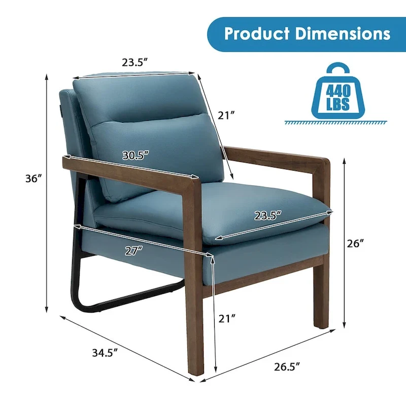 Costway Modern Accent Armchair Lounge Chair w/ Rubber Wood Legs & - 34.5 x 26.5 x 36