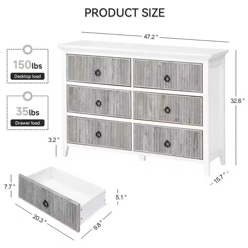 6 Drawer Dresser for Bedroom, Dresser with Wave Fluted Design, Spacious Wooden Storage Chest, Suitable for Bedroom, Living Room, Hallway
