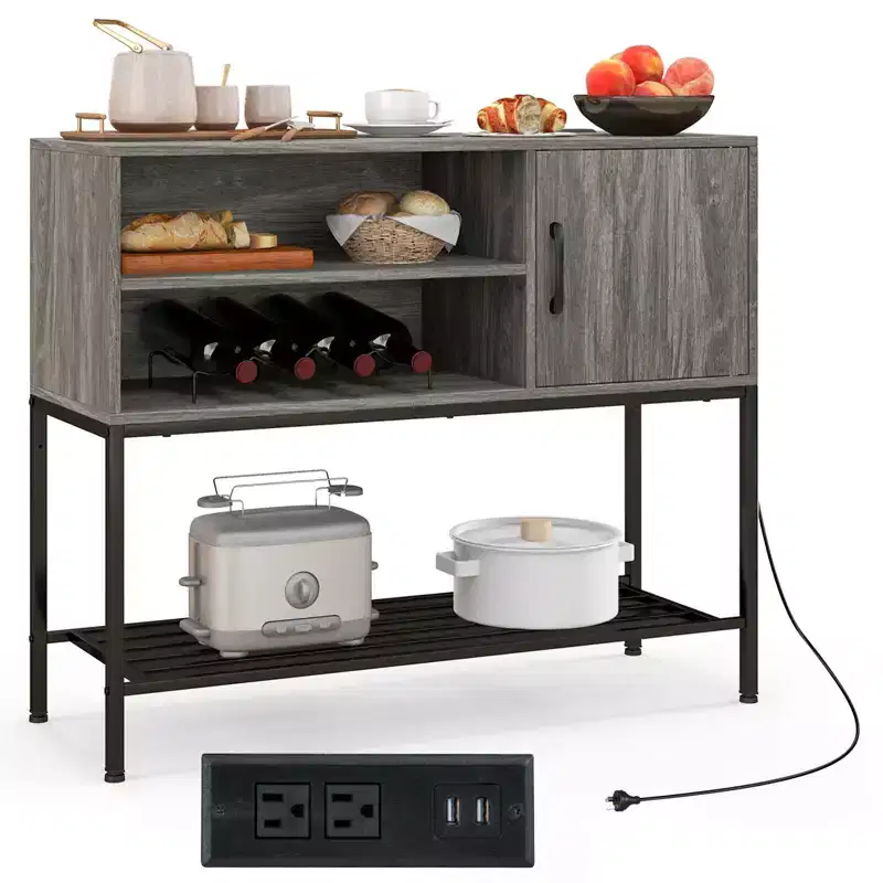 Buffet Sideboard w/ Power Outlets & USB Ports Drink Racks & Storage Shelves Rustic