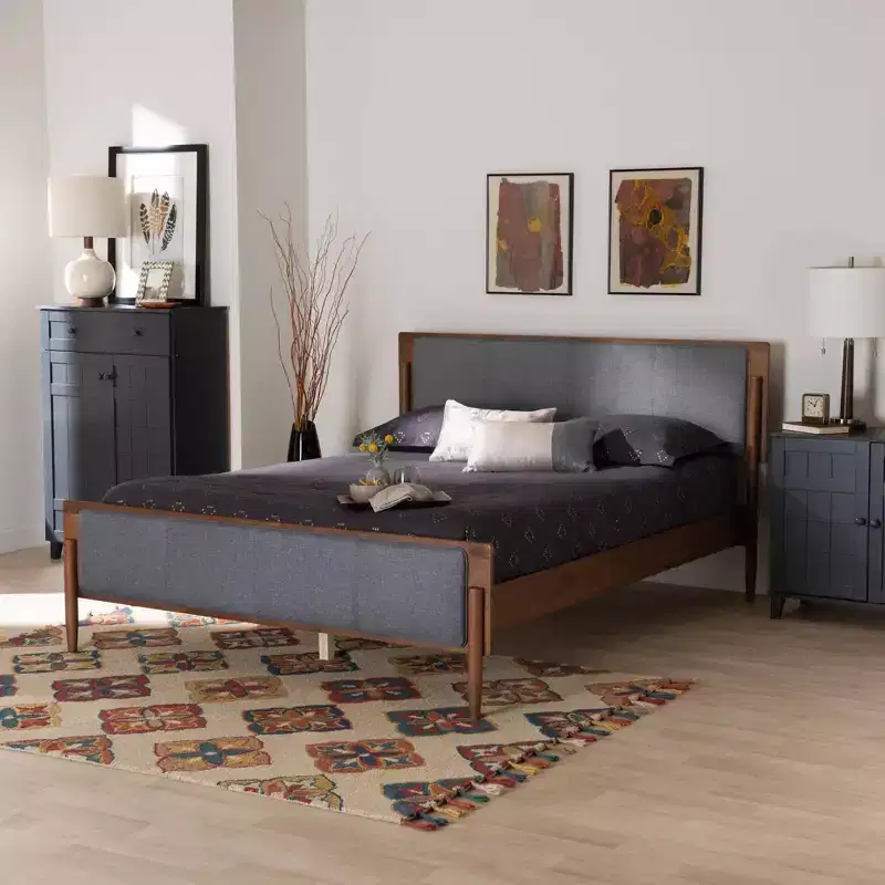 Fabric and Wood Platform Bed: Mid-Century Design, Foam Padded, No Box Spring Required