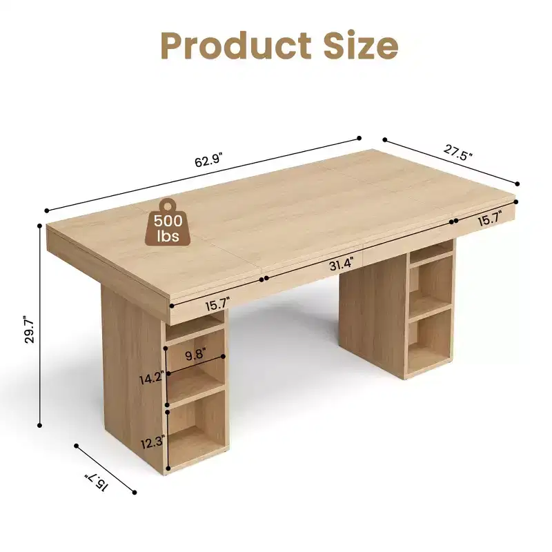 Dining Table for 6-8 with Dual Side Storage, 6 Ft Large Rectangular Dinner Table with Double Pedestal & Large Tabletop, Wooden Kitchen Table
