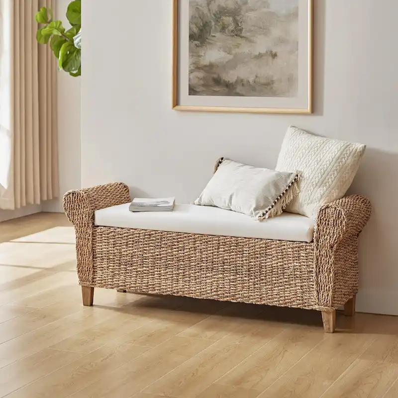 Bab Boho Farmhouse Ratten Storage Bench with Hollow-Carved Designs by HULALA HOME