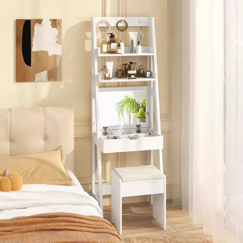 Vanity Desk w/ Flip-up Mirror and Stool w/ 3-Color Lighting 6 Compartments