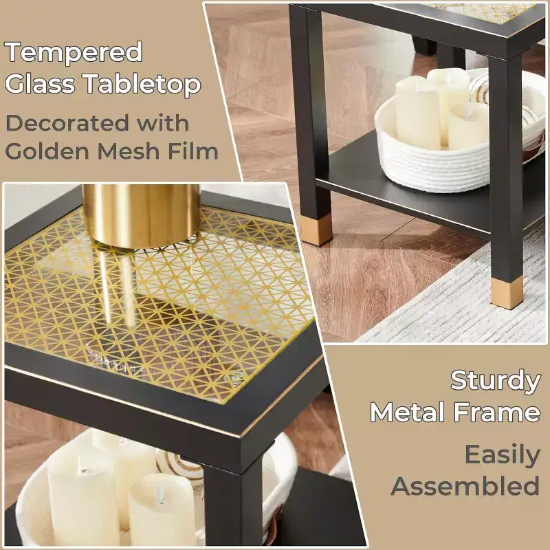 20 Modern 2-Tier Glass End Table with Metal Frame,Versatile Living Room & Bedroom Side Table