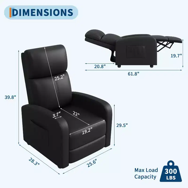39.8 Recliner Chair for Adults, Adjustable PU Leather Lazy Recliner with Tall Back, Side Pocket, Padded Seating for Living Room & Home Theater