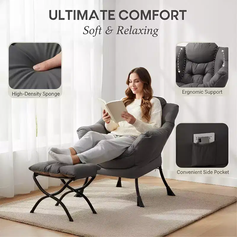Accent Leisure Armchair with Ottoman, Side Pocket & Armrests – Dark Grey